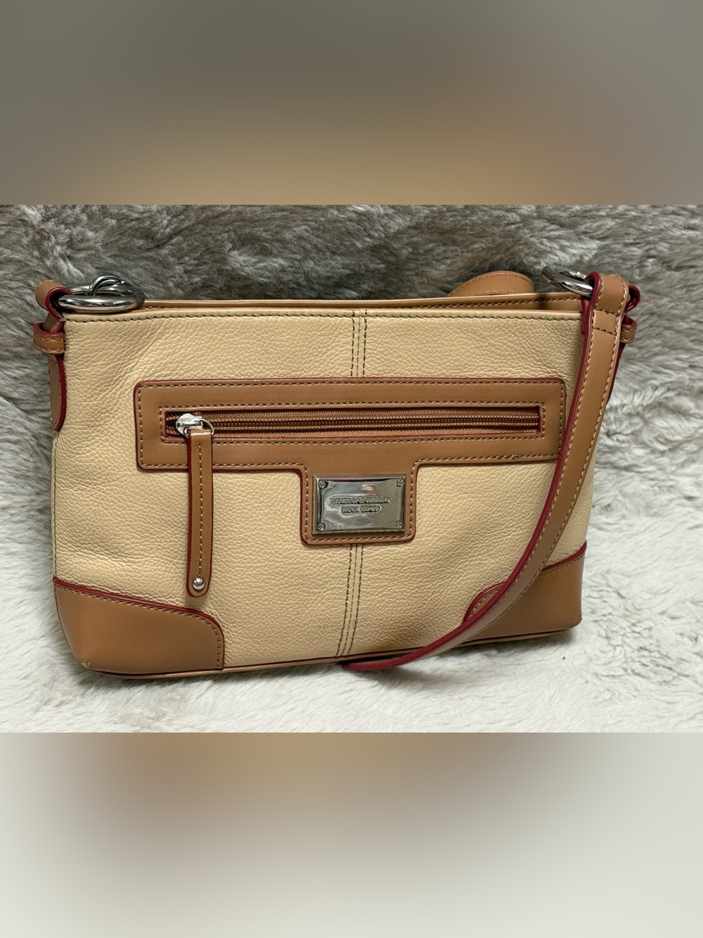 Tignanello Cream and Tan Leather Crossbody with Red Trim